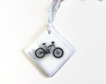 Mountain bike fused glass tree ornament, cyclist window hanging, unique gifts for him, Christmas tree decoration, bike home decor