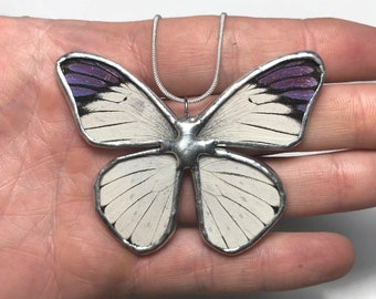 butterfly necklace purple white butterfly wing jewelry, glass necklace, recycled, Taxidermy jewelry, chain included