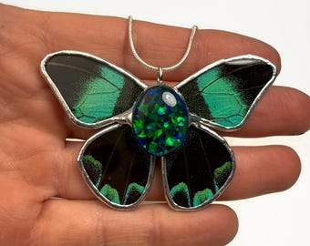 Handcrafted Butterfly Opal Pendant, Real Wing Jewelry, Nature Inspired Gifts for Her, Stained Glass Necklace