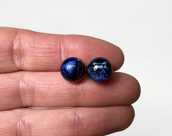 Blue dichroic glass stud earrings, fused glass jewelry gifts for her, minimalist round studs, hypoallergenic