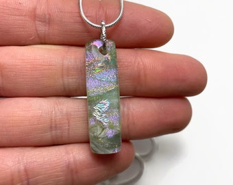 Fused glass pendant green silver dichroic glass iridescent jewelry gifts for friends unique presents chain included