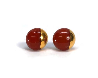 Red and gold stud earrings, fused glass, unique gifts for her, minimalist jewelry, round geometric studs, Hypoallergenic, button earrings