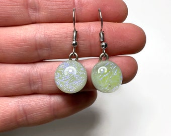 Iridescent Fused Dichroic Glass Dangle Earrings, Handcrafted Gifts for Her