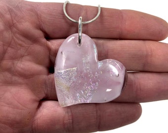 Handmade Pink Glass Heart Necklace, Unique Fused Glass Pendant, Iridescent Jewelry