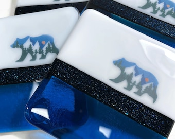 Blue Bear Drink Rest Coasters, Set of 4, Unique Dad's Gift, Fused Glass Coffee Table Art, Housewarming Home Decor