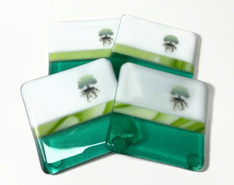 Tree of life fused Glass green and white coasters, gifts for him, nature home decor, set of 4