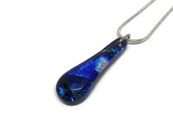 Fused glass blue and black pendant dichroic glass jewelry iridescent teardrop pendant statement jewelry unique gifts for mom chain included