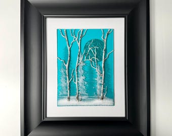Birch tree fused glass art, winter scenery panel, three dimensional wall sculpture, gifts for him, nature home decor, realistic picture