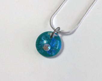 Green fused crystal pendant, dichroic glass jewelry, minimalist round pendant, bestie gifts, chain included