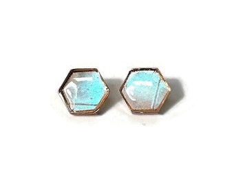 Iridescent rose gold hexagon stud earrings, real butterfly wing jewelry, sulkowskyi morpho, geometric, hypoallergenic, gifts for her