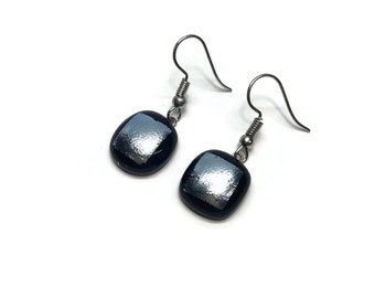 Silver black dichroic glass iridescent dangle earrings fused glass jewelry, unique gifts for her, hypoallergenic