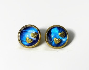 Handcrafted Reflective Blue Stud Earrings, Nature Inspired Jewelry, Gifts for Her, Gold Heart Studs