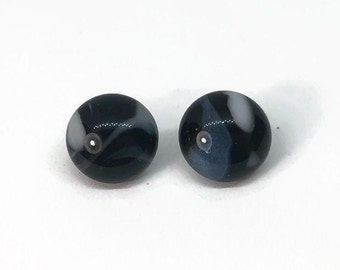 Blue black stud earrings fused glass jewelry 9mm gifts for friends minimalist round studs hypoallergenic unique presents