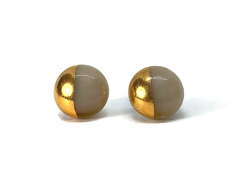 Brown earrings gold Fused Glass earrings best friend gifts minimalist round studs hypoallergenic