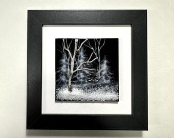 Winter birch tree fused glass art panel scenery picture, unique friends gifts, three dimensional wall sculpture
