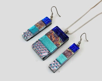 Fused Glass pendant pendant and earrings set, dichroic jewelry set, necklace included