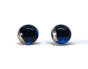 Handmade Metallic Blue Glass Stud Earrings, Elegant Gifts for Her, Artisan Fused Glass Jewelry