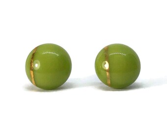 Green and gold glass earrings, fused glass jewelry, minimalist round studs, unique gifts for her, hypoallergenic
