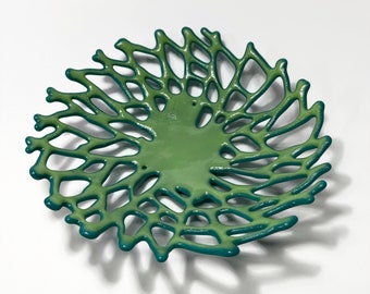 Ocean Inspired Green Glass Coral Bowl, Handcrafted Fused Serving Dish, Modern Home Decor Sculpture, Unique Gift for Her