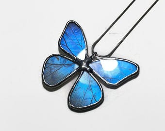 Blue morpho pendant, blue necklace, Butterfly wing jewelry, stained glass butterfly, butterfly taxidermy, recycled butterfly jewelry