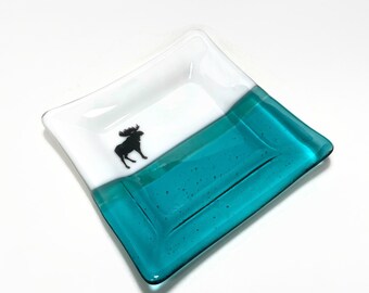 Fused glass moose plate green white glass dish, moose home decor, moose serving dish