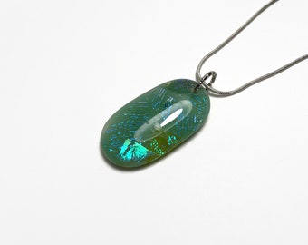 Green iridescent pendant fused Glass Jewelry dichroic glass statement necklace bohemian pendant unique gifts for mom chain included