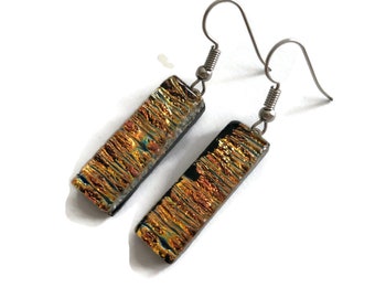 Copper and gold fused glass earrings unique gifts for mom dichroic glass jewelry statement dangle earrings hypoallergenic