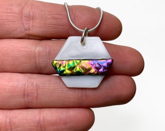 Iridescent white pendant dichroic glass jewelry fused glass pendant gifts for her geometric jewelry unique presents chain Included