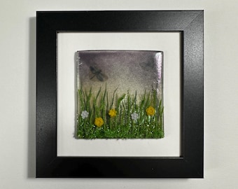 Dragonfly fused glass art panel summer scenery picture, glass home decor, glass wall sculpture, three dimensional art
