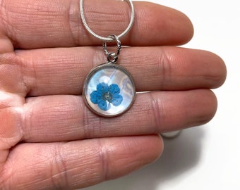 Blue iridescent butterfly pendant, glass flower pendant, real butterfly wing jewelry, best friend gifts, sulkowskyi morpho, chain included