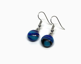 Glass blue and silver earrings, Fused Glass jewelry, dichroic glass earrings, handcrafted earrings