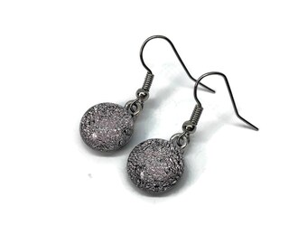 Silver fused glass dangle earrings, dichroic glass jewelry, unique gifts for her, handmade round minimalist earrings, hypoallergenic