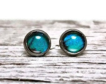 Genuine Butterfly Wing Earrings, Teal Silver Studs, Ethically Sourced Jewelry, Mom's Gift