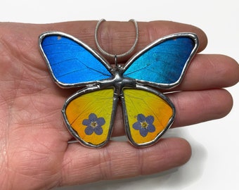 Handmade Butterfly Pendant Gift, Iridescent Blue and Yellow Necklace for Her