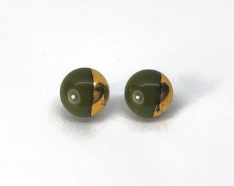 Green metallic gold earrings fused glass jewelry round minimalist studs gifts for friends hypoallergenic 9mm unique presents