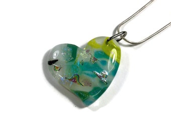 Fused glass heart pendant green white dichroic necklace, gifts for her, handmade iridescent necklace, chain included, unique presents