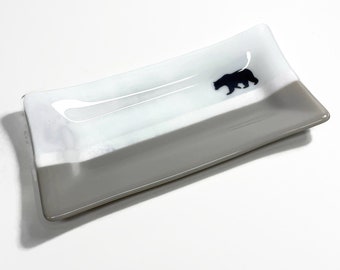 Bear plate, fused glass serving dish, trinket tray, spoon rest, gifts for her, wildlife home decor, bear table art, housewarming present