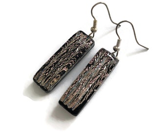 Glass iridescent earrings, dichroic glass jewelry, Silver and black, dangle earrings, fused glass earrings, hypoallergenic