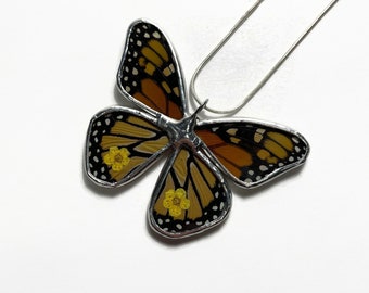 Monarch butterfly pendant, orange and black glass pendant, real butterfly jewelry for mom, stained glass wing, chain included