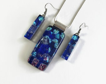 Fused glass jewelry Blue set, Dichroic glass jewelry, necklace included, hypoallergenic