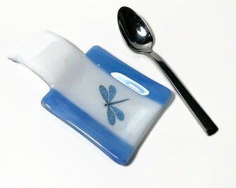 Blue fused glass dragonfly spoon rest glass dish unique gifts for her spoon holder glass dish dragonfly home decor