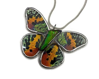 Butterfly Ammolite Pendant, Real Wing Jewelry, Nature Inspired Gifts for Her, Stained Glass Necklace