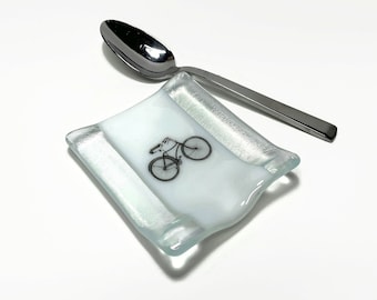 Cruiser bike fused glass spoon rest, iridescent dish, spoon holder, kitchen decor, unique gifts for her, handmade in canada