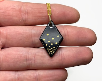 Gold black pendant, one of a kind, fused glass Jewelry, geometric pendant, gifts for her, unique presents chain included