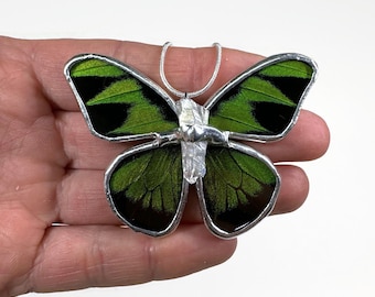 Green and black butterfly glass necklace real butterfly wing jewelry gifts for her crystal necklace Chain included