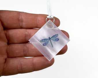 Dragonfly fused glass ornament, Christmas tree decoration, blue, white decoration window hanging, unique gifts for her, sun catcher