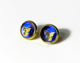 Iridescent blue stud earrings, gold studs, real butterfly wing jewelry, Unique jewelry for her, rhetenor morpho, 12mm