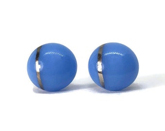 Blue silver stud earrings, fused glass jewelry, handmade presents for her, unique gifts, handcrafted in Canada