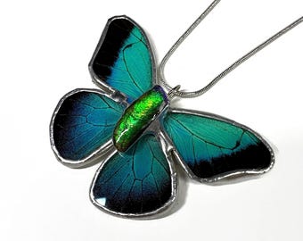 Handcrafted Butterfly Ammolite Pendant, Real Wing Jewelry, Nature Inspired Gifts for Her, Stained Glass Necklace