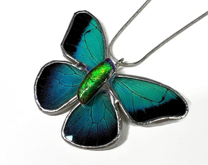 Featured listing image: Handcrafted Butterfly Ammolite Pendant, Real Wing Jewelry, Nature Inspired Gifts for Her, Stained Glass Necklace